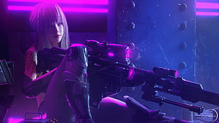 black assault rifle, sniper rifle, long hair, neon, digital art HD wallpaper
