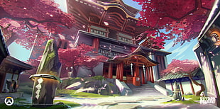 yellow, red, and pink animated temple illustration