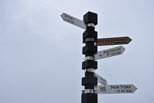 five assorted metal street signboards, signs, Cape Point, Sydney, Rio de Janeiro