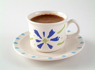 white and blue ceramic cup with saucer