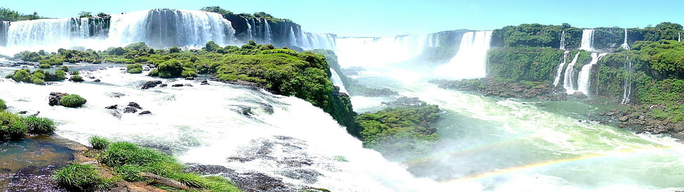 macro shot of waterfalls, multiple display, mist, waterfall, nature HD wallpaper