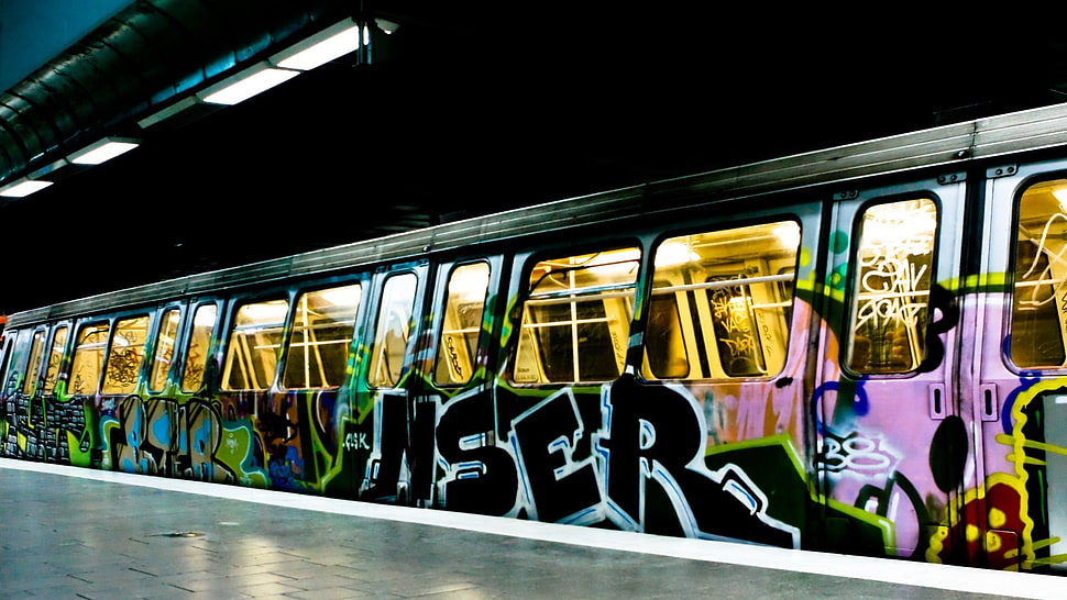 pink and grey train, subway, graffiti, vehicle, train HD wallpaper