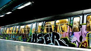 pink and grey train, subway, graffiti, vehicle, train