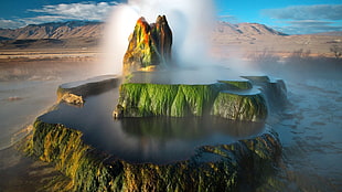 green and brown geyser landmark, nature, landscape, mountains, clouds
