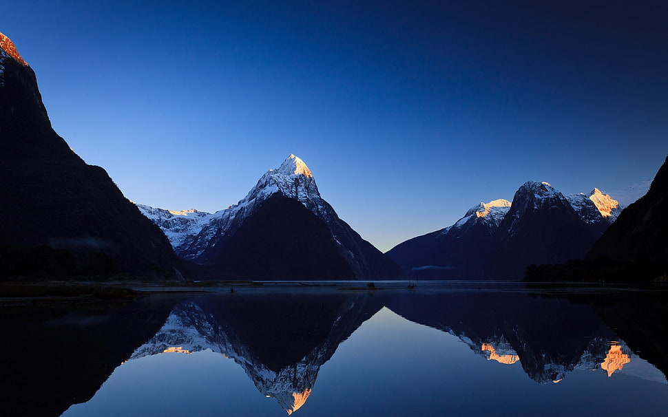 snow covered mountains, landscape, water, reflection HD wallpaper