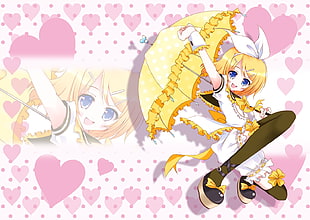 yellow-haired female carrying parasol anime digital wallpaper