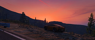 yellow sports coupe, Grand Theft Auto V, sunset, landscape