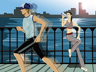 drawing of man running near woman drinking water leaning on handrails HD wallpaper
