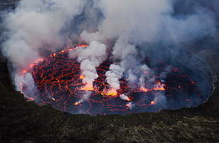 brown volcano, volcano, smoke, lava HD wallpaper