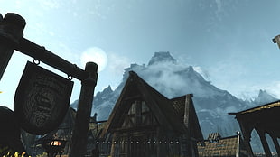 The Elder Scrolls V: Skyrim, mountains, landscape, villages HD wallpaper