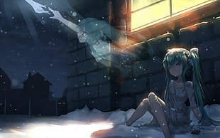 black and gray leather sofa chair, Hatsune Miku, Vocaloid, night, snow