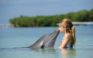 girl kissing black Dolphin at daytime