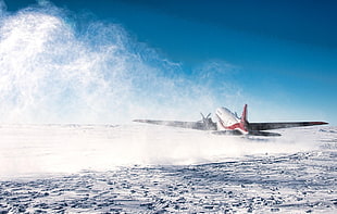 white and red air craft, airplane, Douglas DC-3, snow