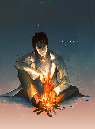 male sitting beside bonfire illustration, Steins;Gate, Okabe Rintarou, anime, anime boys