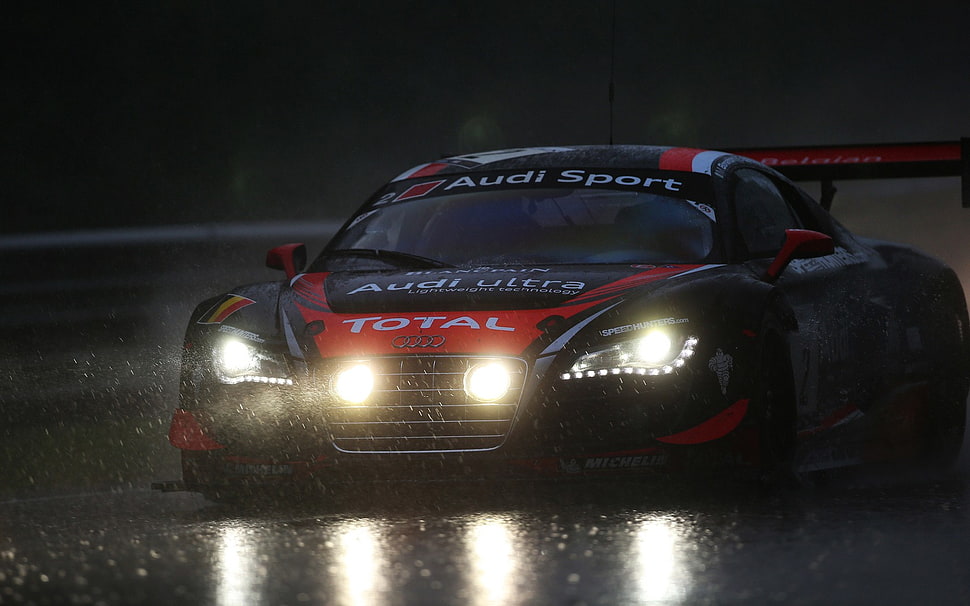 black and red stock car, sports car, rain, Audi, Audi R8 HD wallpaper