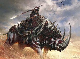 man riding animal digital wallpaper