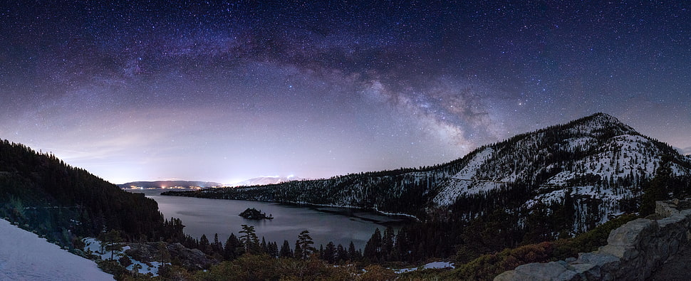 snow mountain with trees near water at night time, lake tahoe HD wallpaper