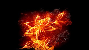 orange floral artwork, abstract, fire, flowers