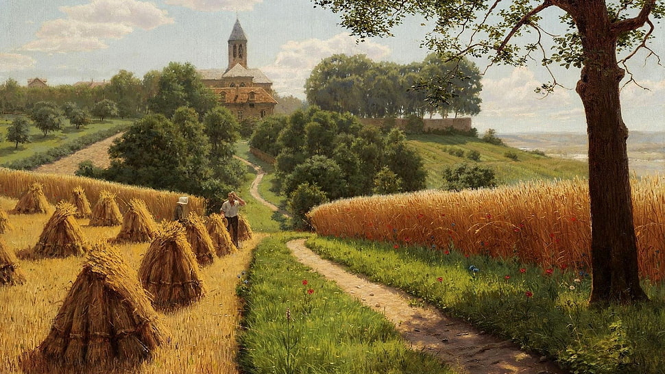 brown wheat fields, digital art, painting, nature, path HD wallpaper