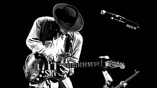 greyscale photo of musician, Stevie Ray Vaughan, music, guitar, musician