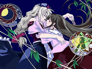 two women hugging anime character digital wallpaper