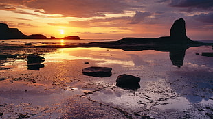 rock formation, landscape, sunset, beach, sky HD wallpaper