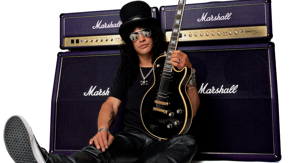 man in black holding electric guitar HD wallpaper