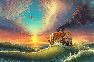 big brown paper boat on ocean illustration, nature, landscape, ship, water
