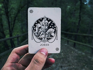 white Joker card, Joker, Card, Hand