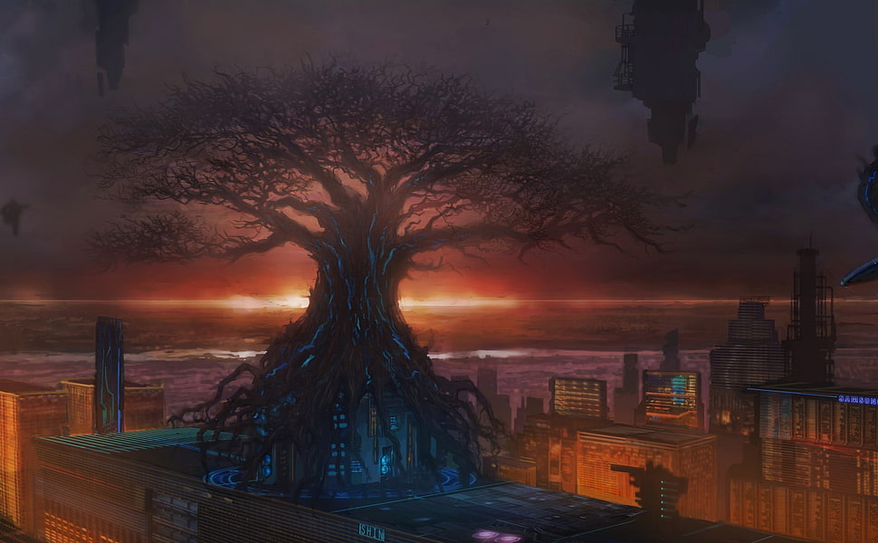 tree on city digital wallpaper, artwork, fantasy art HD wallpaper