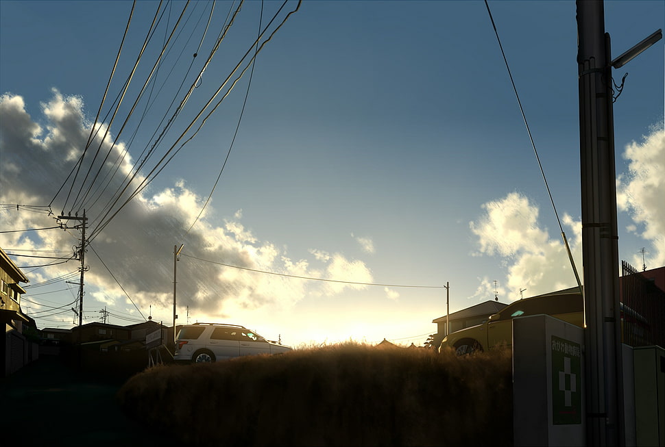 white vehicle, sky, power lines, clouds, car HD wallpaper