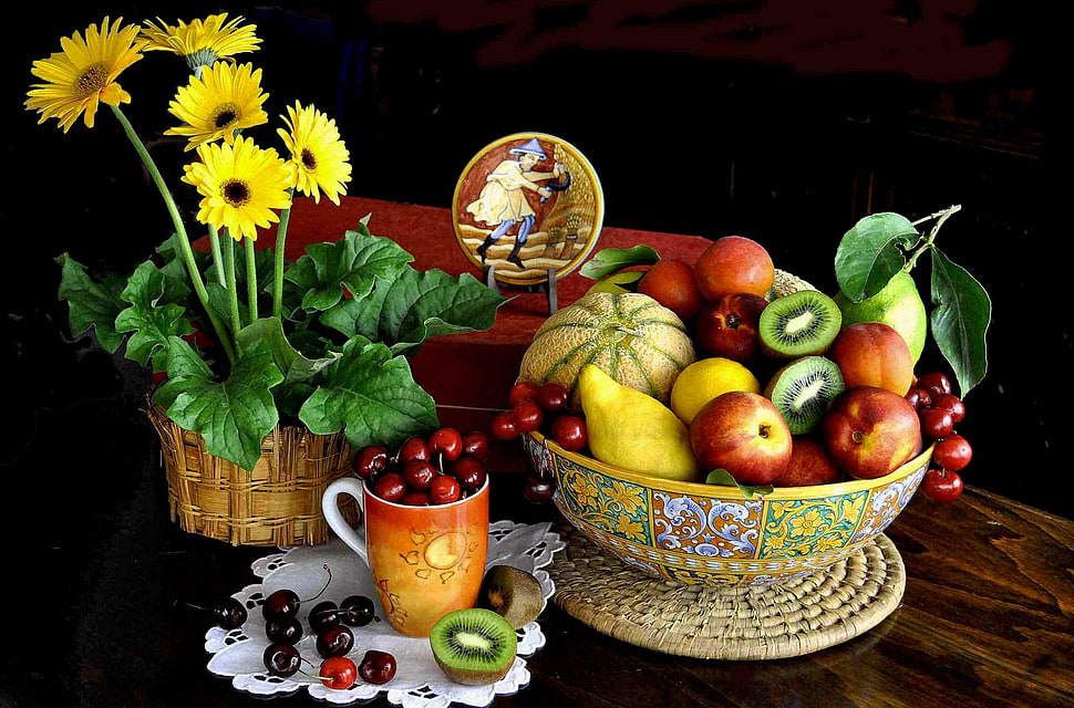 assorted fruits with bowl, flowers, fruit, mugs, yellow flowers HD wallpaper