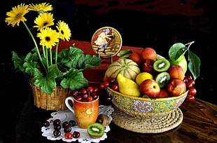 assorted fruits with bowl, flowers, fruit, mugs, yellow flowers