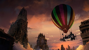 multicolored hot air balloon, artwork, fantasy art, apocalyptic, hot air balloons