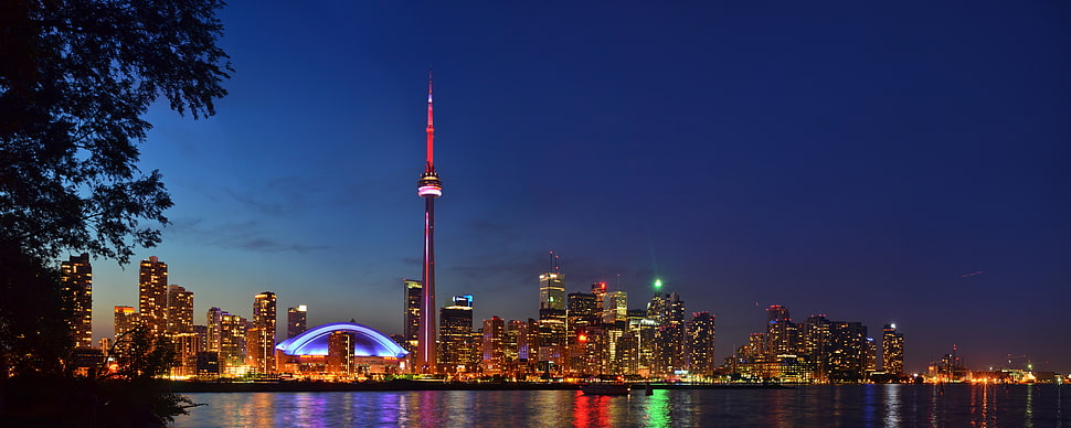 landscape photography of city town near body of water during night time, toronto HD wallpaper