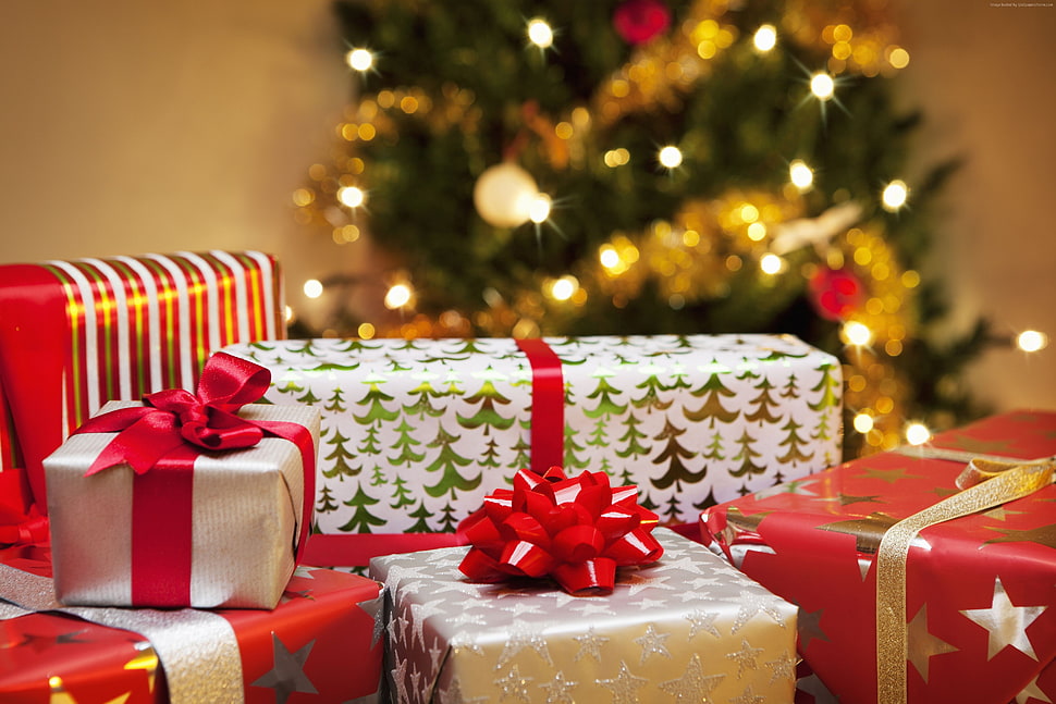 shallow focus photography of assorted-color present boxes near Christmas tree HD wallpaper