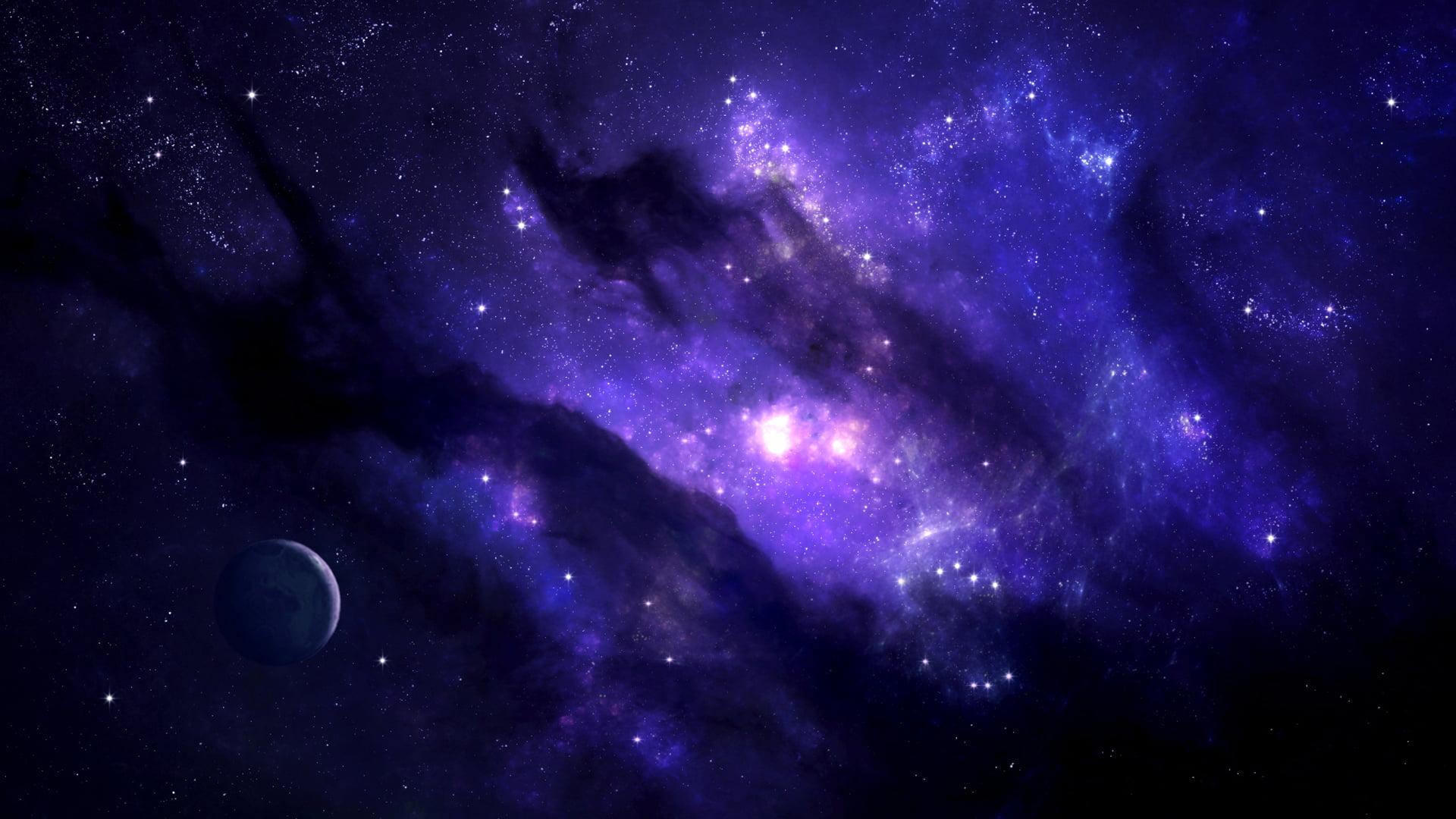 blue and purple galaxy, digital art, space, planet, stars