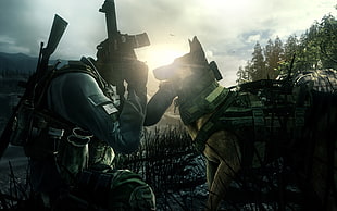 man wearing black suit beside German shepherd game application digital wallpaper, Call of Duty: Ghosts, soldier, dog, military HD wallpaper