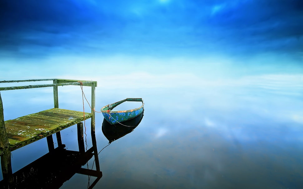 blue and brown boat illustration, sea, blue, boat, sky HD wallpaper