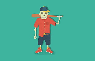 skull holding baseball bat illustration, minimalism HD wallpaper