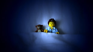 brown and white bear plush toy, LEGO, sleeping