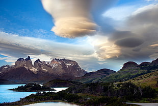 aerial photo of mountains with body of water during daytime, picasso, torres del paine, nice HD wallpaper