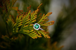 silver-colored ring with green gemstone