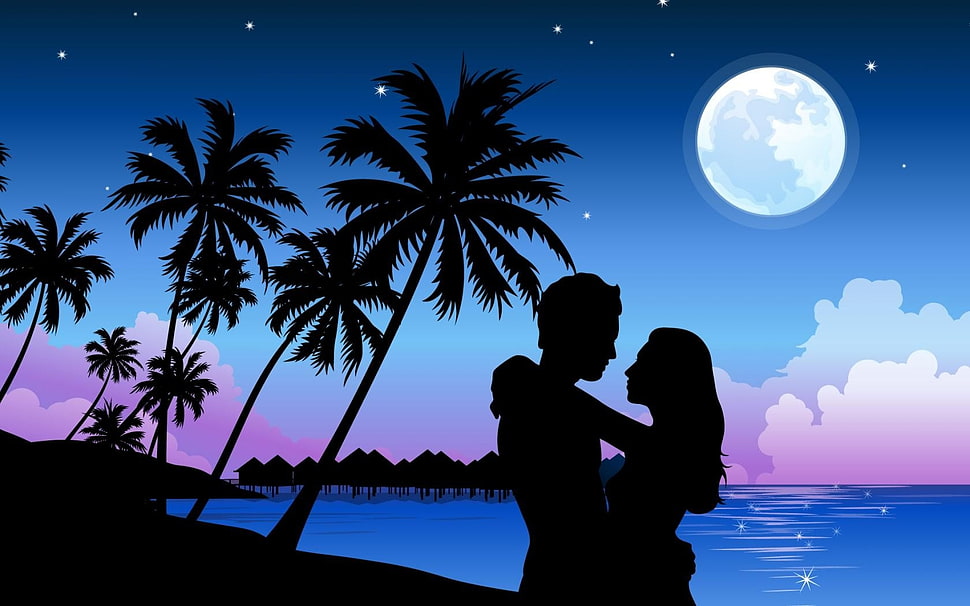 silhouette of man and woman in full moon graphic wallpaper HD wallpaper