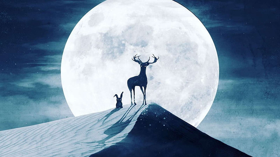 deer and rabbit illustration, digital art, Moon, deer, desert HD wallpaper