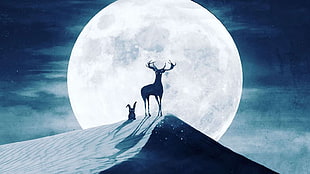 deer and rabbit illustration, digital art, Moon, deer, desert