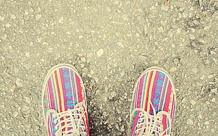 pair of multi-colored pinstriped sneaker