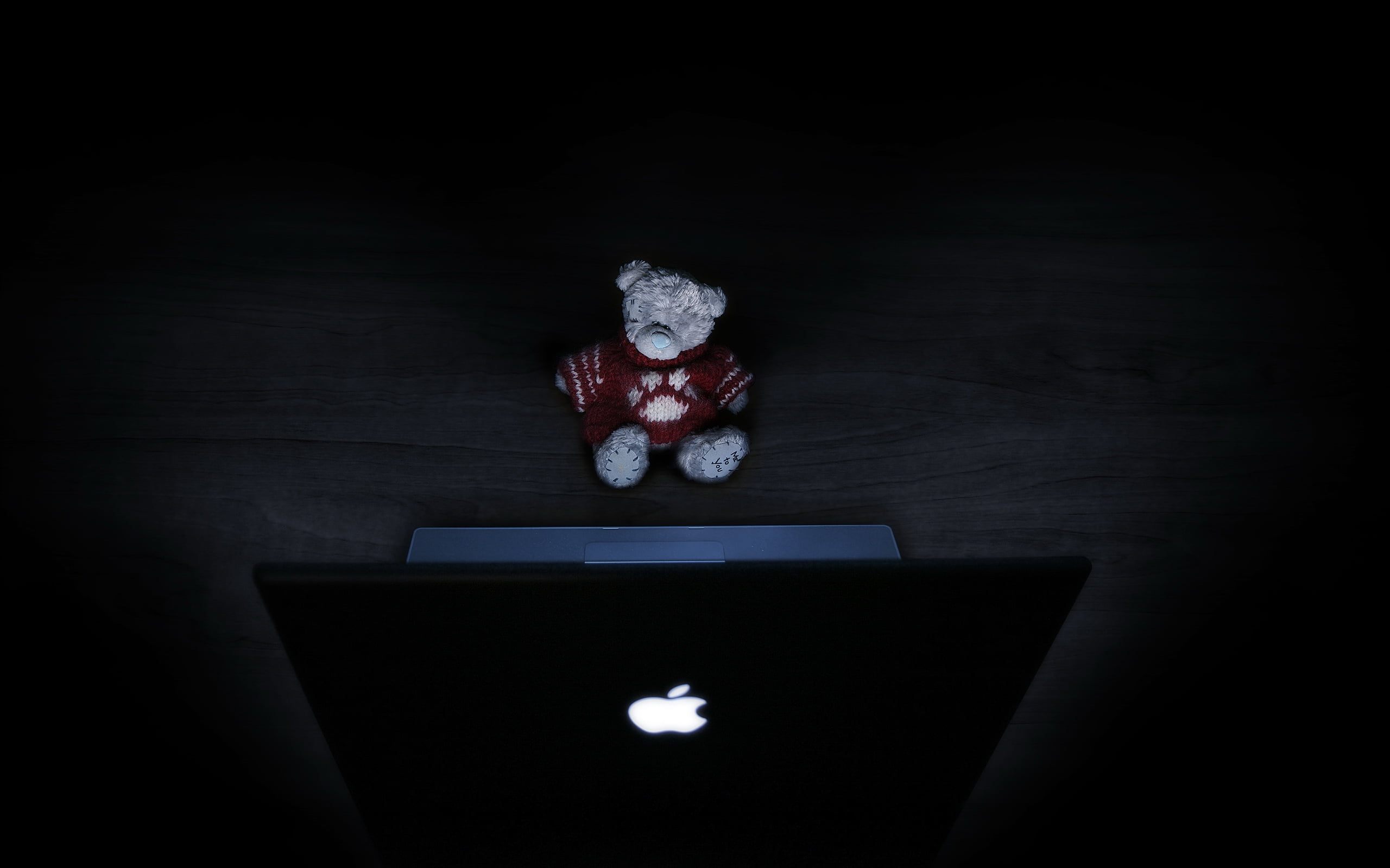 grey teddy bear in front of silver MacBook