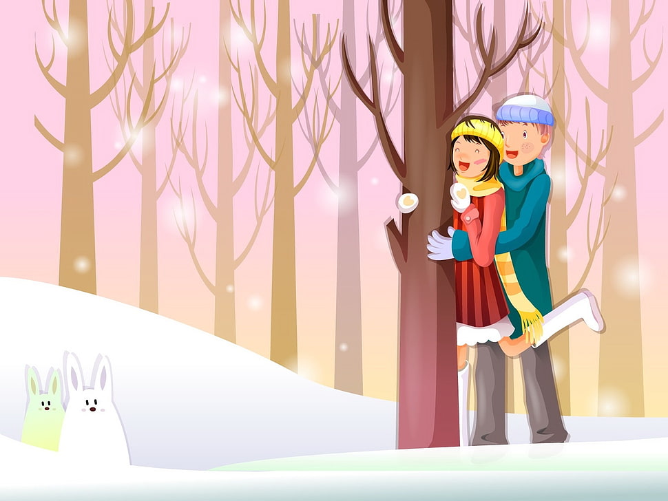 man and woman at forest illustration HD wallpaper