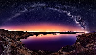 body of water under starry sky painting, long exposure, galaxy, Milky Way, starry night HD wallpaper